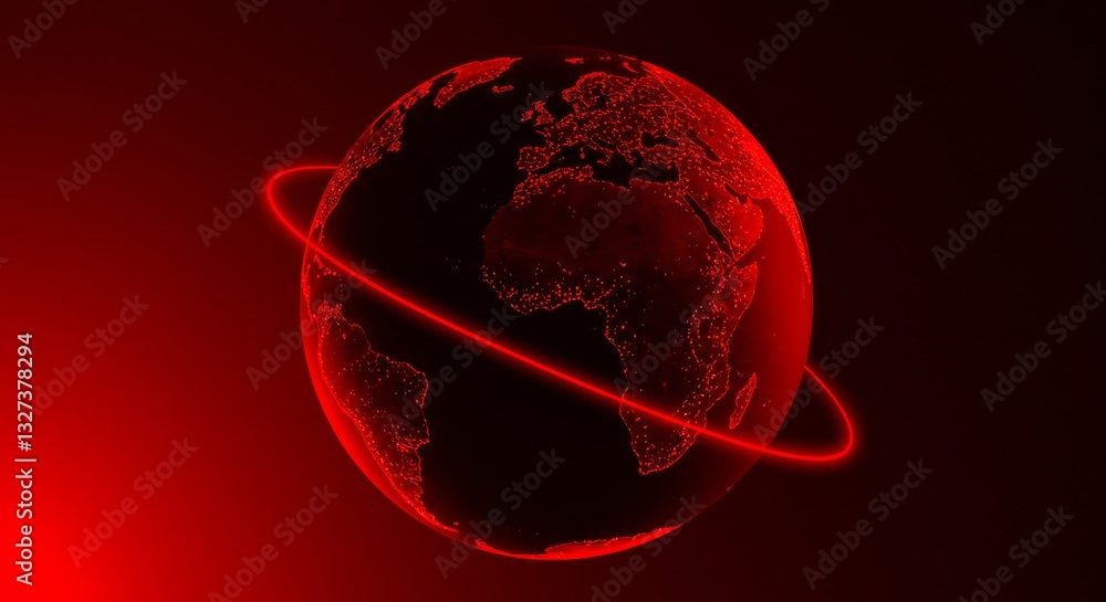 Poster global network connection - red glowing earth with a ring, symbolizing global internet connectivity 