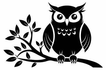 owl with a tree branch line art silhouette vector illustration	