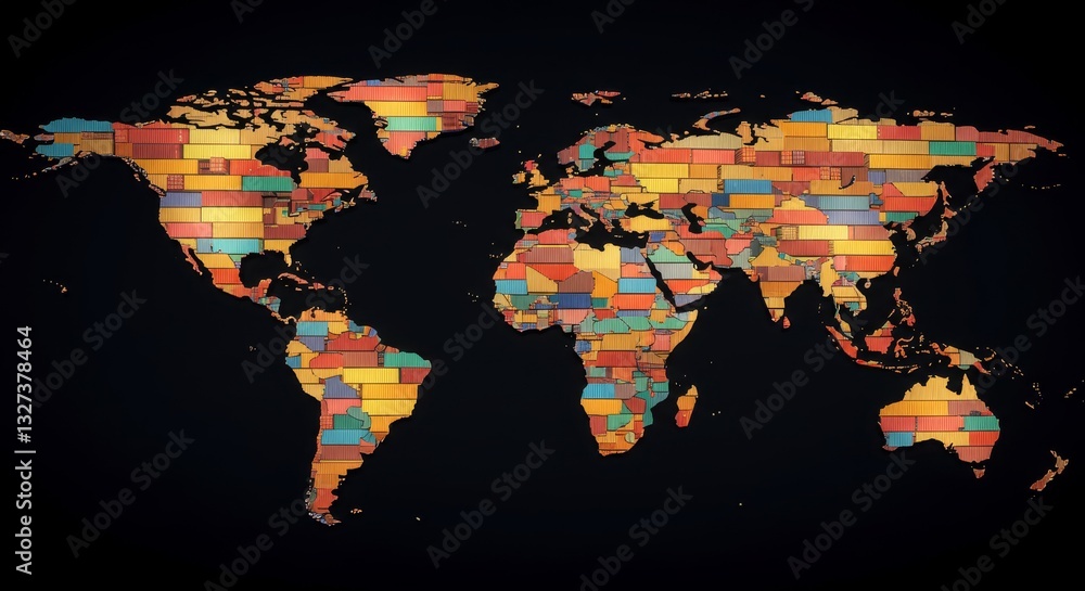 Poster global unity mosaic - a colorful world map composed of rectangular blocks, symbolizing international