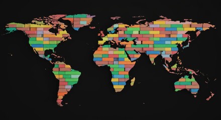Obraz premium Global Unity: A World Map of Colorful Blocks - A vibrant world map constructed from colorful blocks, symbolizing global connection, diversity, collaboration, unity, and shared future