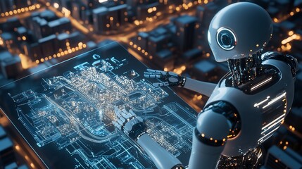 Fototapeta premium Robot analyzing futuristic city plan on digital display innovation