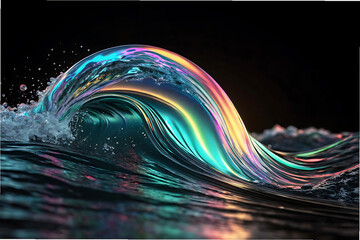 Abstract Fluid 3D Holographic Wave with Iridescent Neon Colors