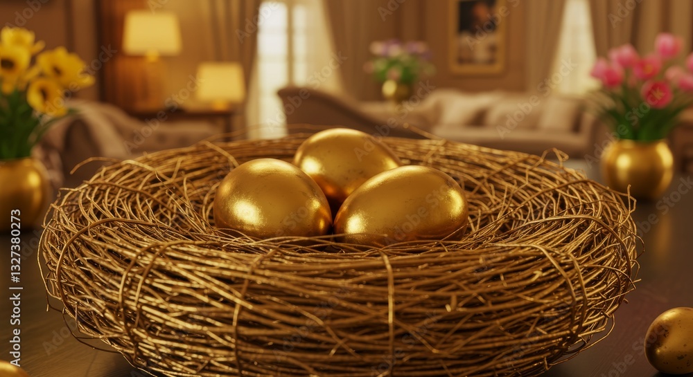 Poster golden nest eggs of prosperity - three gleaming golden eggs nestled in a rustic gold twig nest, symb