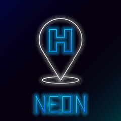 Obraz premium Glowing neon line Medical map pointer with cross hospital icon isolated on black background. Colorful outline concept. Vector