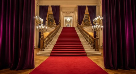 Fototapeta premium Grand Staircase Red Carpet Entrance - Elegant red carpet runner leading up a grand staircase in a luxurious building. Perfect for events, luxury, and success imagery