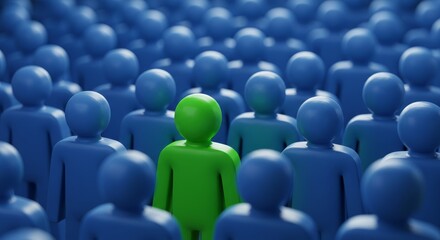 Green Figure in a Blue Crowd - A single green figure stands out amongst a multitude of blue figures, symbolizing individuality, uniqueness, difference, standing out, and nonconformity