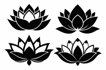 set of four lotus flowers line art silhouette vector illustration