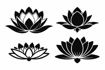 set of four lotus flowers line art silhouette vector illustration