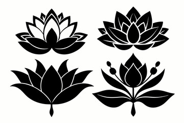 set of four lotus flowers line art silhouette vector illustration