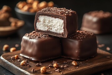 Chocolate marshmallow squares are stacked on a wooden board and topped with shavings