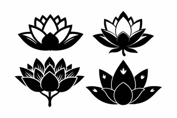 set of four lotus flowers line art silhouette vector illustration