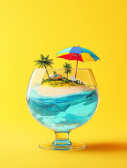 A minimal tropical summer refreshment concept featuring a delicious, cold exotic drink on the beach. A cocktail beverage, available in both alcoholic and non-alcoholic options.