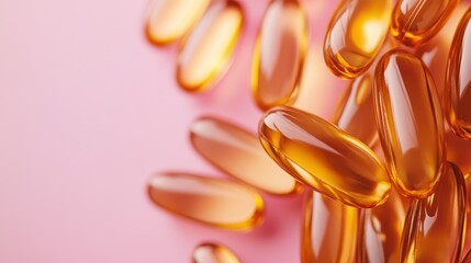 A captivating image depicting amber fish oil capsules spilled across a gentle pink background, highlighting the significance of health and vitality in daily life.