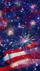Colorful fireworks are displayed over a red white and blue flag