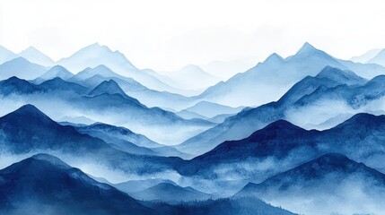Obraz premium Watercolor Mountainscape, Misty Blue Peaks, Nature Scene, Background Image
