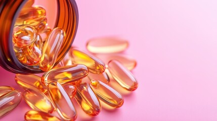 This image captures the moment amber capsules tumble out of a brown bottle onto a soft pink surface, ideal for health-related products and wellness themes.