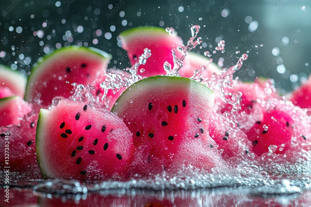 Poster watermelon slices in splashing water a refreshing and vibrant display of summer fruit