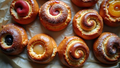 Fototapeta premium Golden-brown pastries with glossy finishes sit on parchment paper, filled with fruit and cream. Their appetizing presentation and fresh ingredients make them irresistible bakery treats