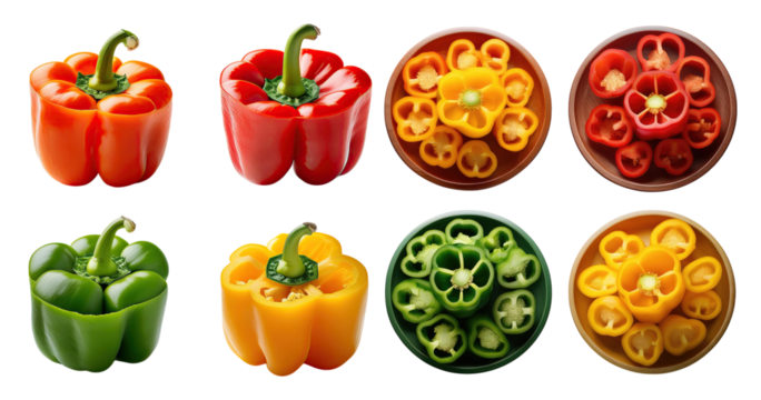 Colorful Bell Peppers Cut and Displayed in Various Shapes and Colors, PNG bundle collection, Isolated on Transparent Background