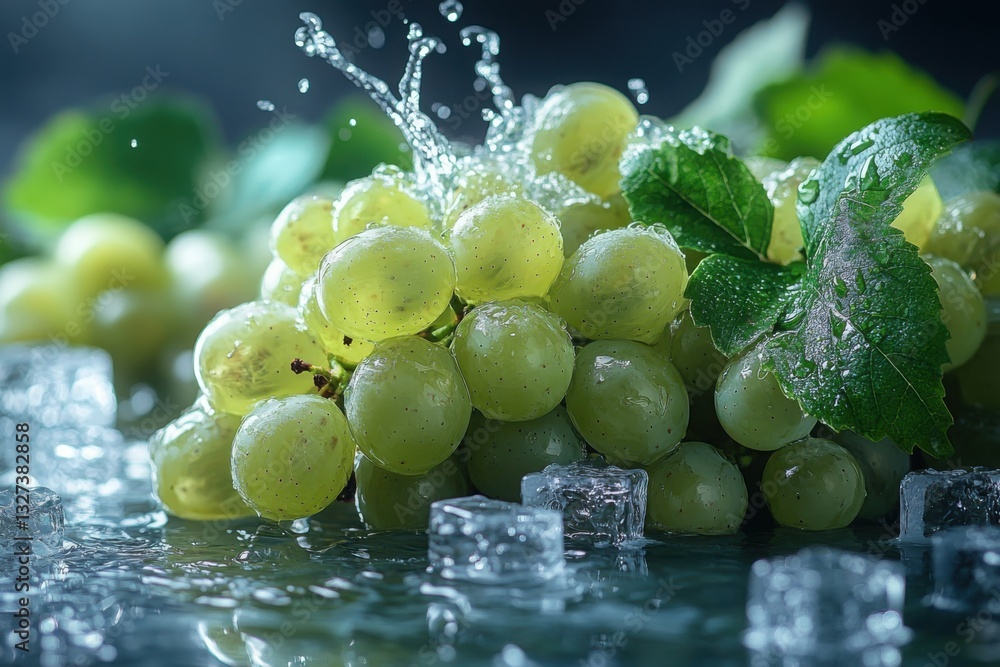 Poster refreshing bunch of grapes with water splashing over them next to ice cubes