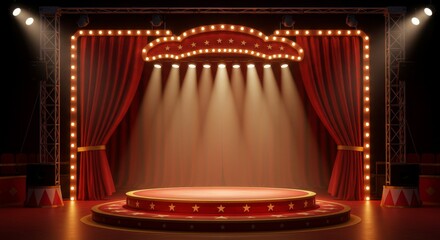 Illuminated Circus Stage Setting - A captivating of an empty circus stage, bathed in warm spotlights