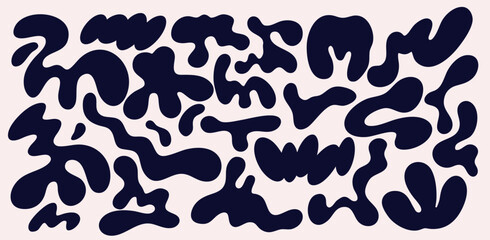 Liquid Organic Abstract Shapes set. Black Psychedelic Curvy Forms, Wavy Figures. Trend Uneven Blots, Hand Drawn Organic Amoeba Blob Shapes Set. Vector Irregular Round Blot Elements, Irregular Forms.
