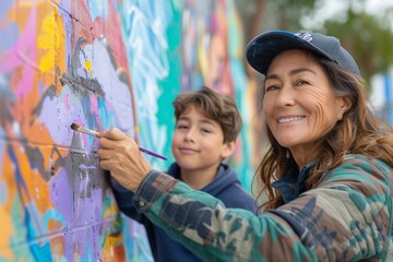 Joyful moments of creativity as an artist and child paint a vibrant mural together in an urban setting.