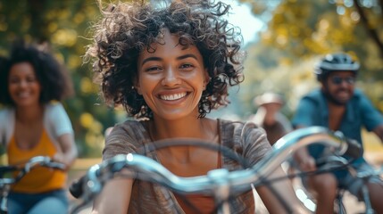 Obraz premium Joyful woman biking with friends in a park, embracing happiness and outdoor activity in a vibrant setting.