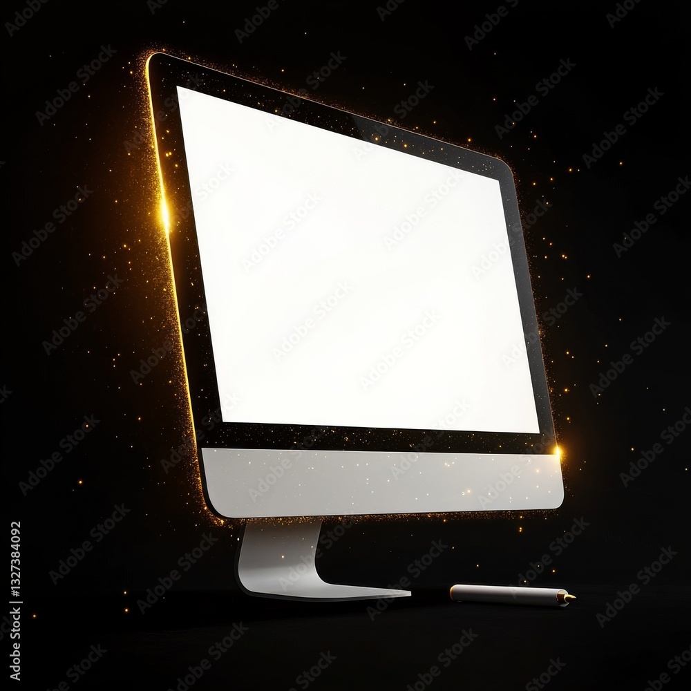 Poster Elegant Glowing Computer Display: Modern Design with a Pen on a Dark Background 