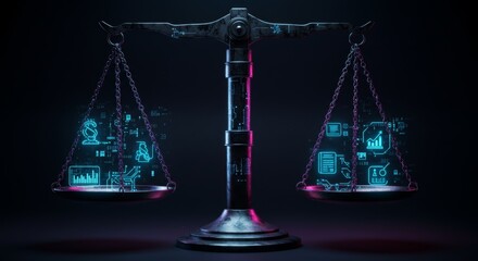 Justice: Technology and Law in Balance - Symbolizing legal tech, data analysis in justice, evidence, cybersecurity in law, and the future of jurisprudence