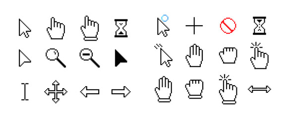 Collection of computer mouse cursor icons, Various computer cursor icons, including pointers, hands, hourglass, magnifiers, arrows, cross symbols, plus signs, and prohibition icons, pixel art.