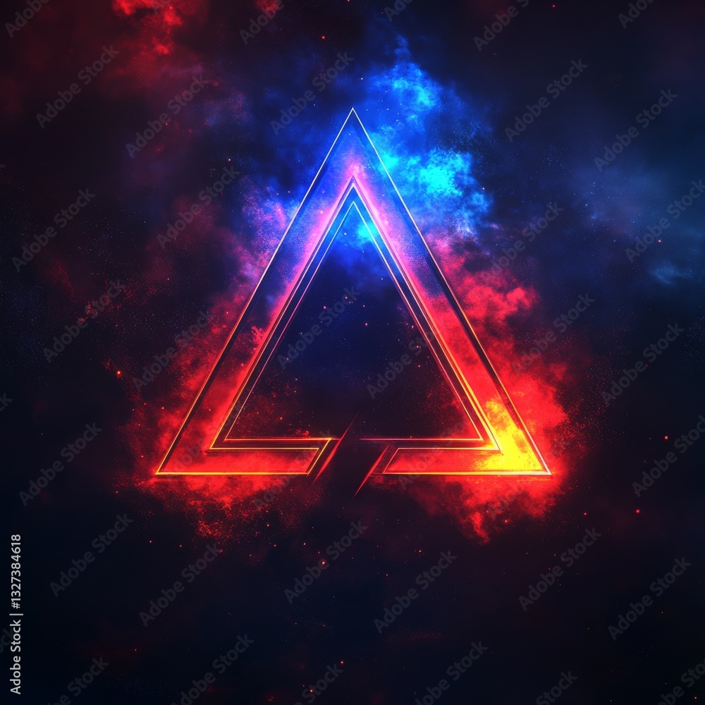 Poster Neon Triangle in Cosmic Nebula, Abstract Space Art with Glowing Edges, Fantasy Scene