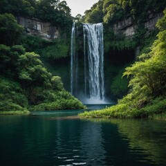 Fototapeta na wymiar A breathtaking national park scene, where a waterfall feeds into a large lake, all framed by dense green foliage.