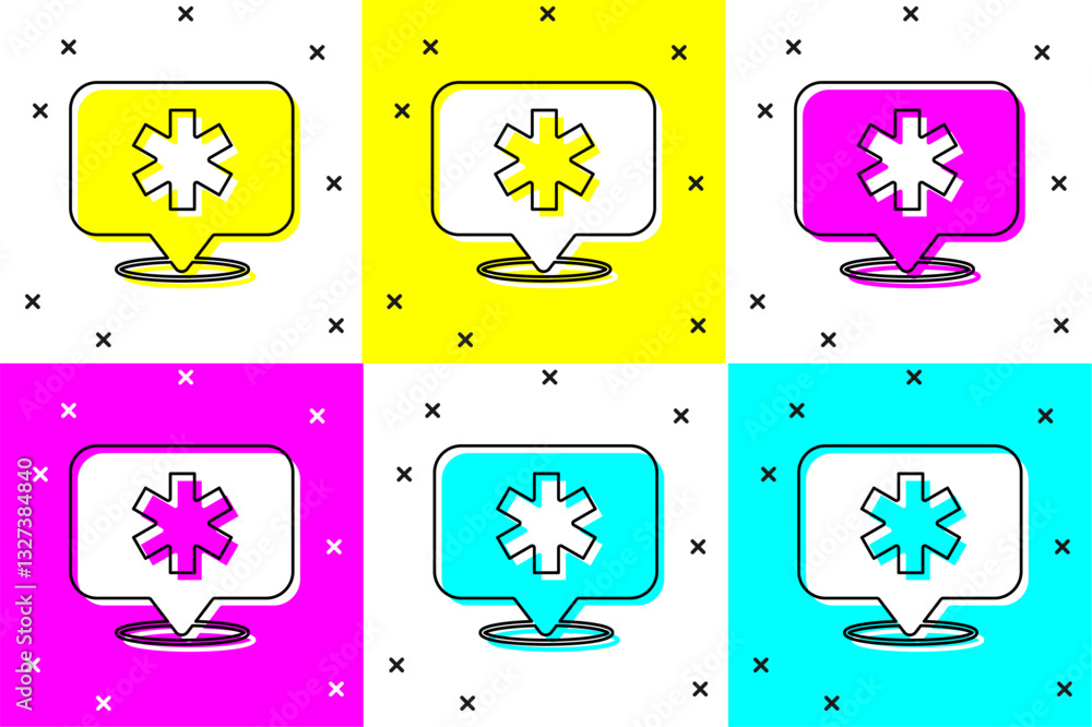Aufkleber set medical map pointer with cross hospital icon isolated on color background. vector