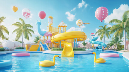 Yellow slide is in the water with a pink balloon floating above it