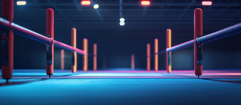 Parallel bars for gymnastics lit up, area empty.