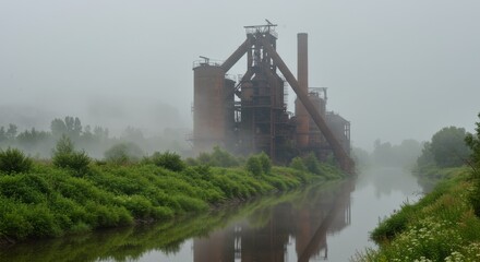 Fototapeta premium Misty River and Abandoned Blast Furnace - An evocative symbolizing industry's decline, nature's reclamation, forgotten history, tranquil beauty, and the passage of time