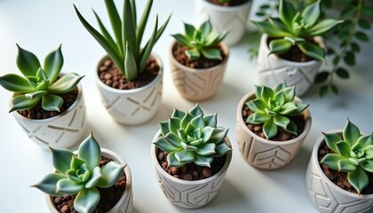Obraz premium Оverhead view of various succulents in newly repotted containers, pots with geometric designs, placed on a white surface. Replanting houseplants, home greening and gardening, hobby