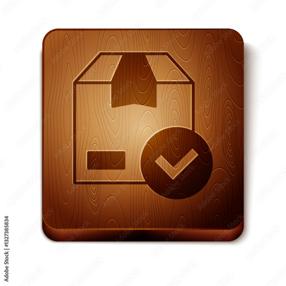 Aufkleber brown package box with check mark icon isolated on white background. parcel box with checkmark. appr