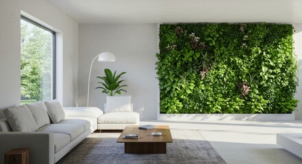 Naklejka premium Modern Living Room with Green Wall - Bright, modern living room featuring a large green wall, comfortable light grey sectional sofa