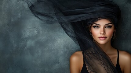 Fototapeta premium Mysterious beauty portrait of a young woman with dark eyes and a black sheer fabric draped over her.