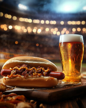 Hot dog with bacon and mustard and a beer at a stadium game night