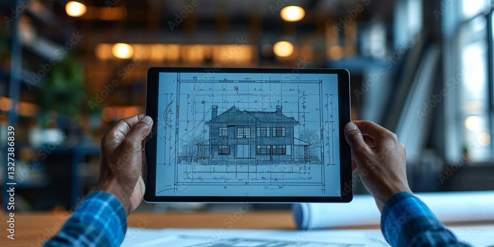 Poster hands holding a tablet displaying a digital blueprint of a house in an architectural workspace