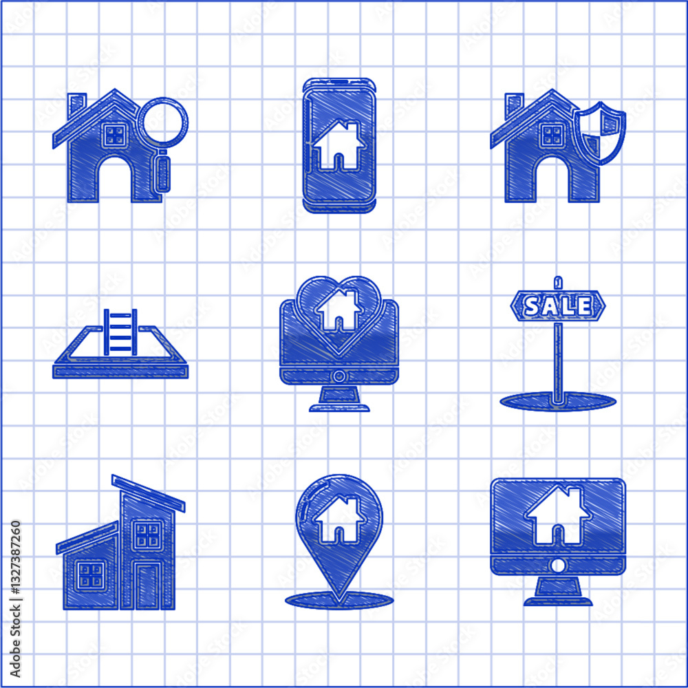 Poster set monitor with house in heart shape, map pointer, computer monitor smart home, hanging sign text s