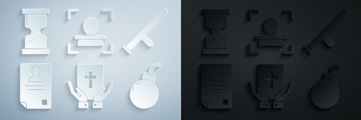 Set Oath on the Holy Bible, Police rubber baton, Identification badge, Bomb ready explode, Face recognition and Old hourglass icon. Vector