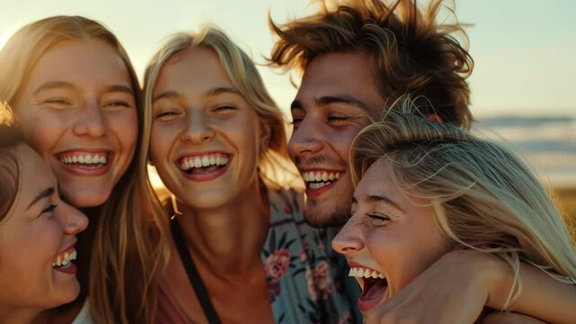 A lively group of close friends giggle and revel in their amazing summer beach holiday, soaking up the warm sun and creating unforgettable memories together that will stay with them forever