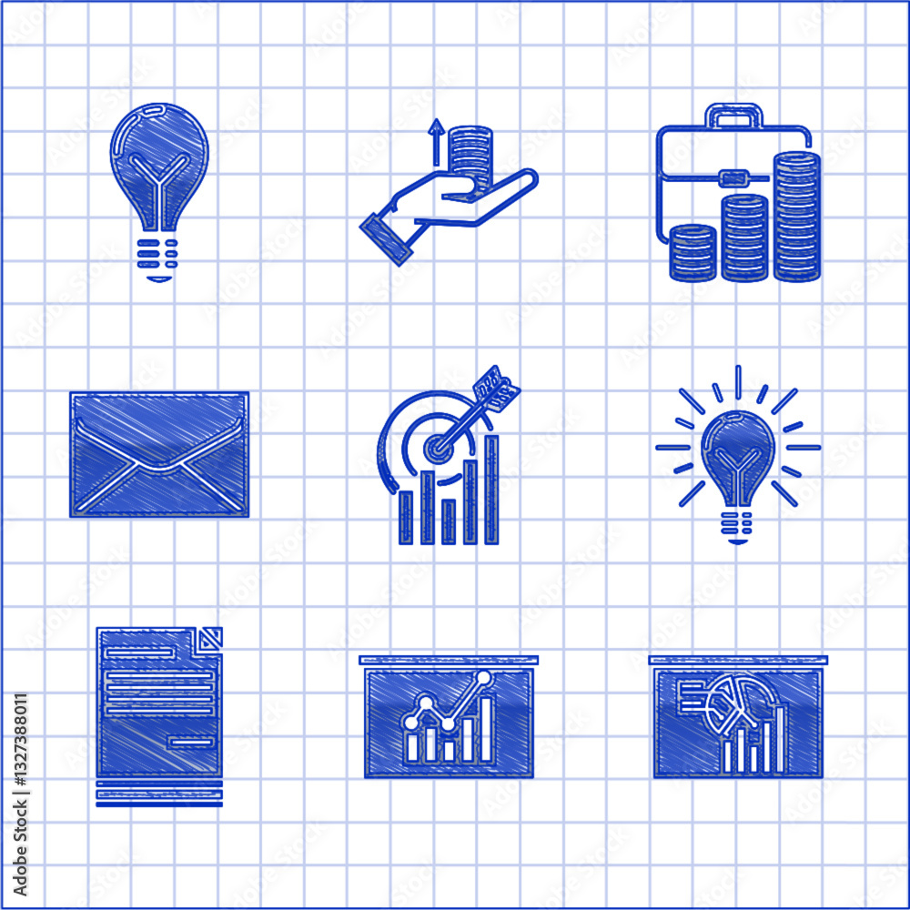 Poster set target with graph chart, board, light bulb rays shine and concept of idea, document, envelope, b