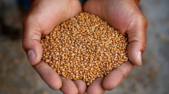 A farmer's hands holding golden wheat grains in a sunlit field, warm sunset glow, depth of field highlighting rich harvest, rustic atmosphere