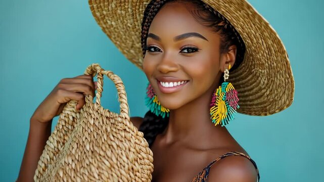 A cheerful young woman in a stylish straw hat and vibrant attire smiles while holding a woven bag. The background features a bright turquoise shade, capturing the essence of summer and travel.