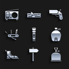 Fototapeta premium Set Flashlight, Road traffic signpost, Camping gas stove, Canteen water bottle, Hiking boot, Swiss army knife, Flare gun pistol and Radio with antenna icon. Vector